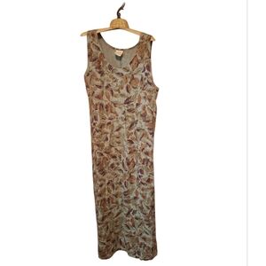 Tom Tom Vintage Dress Womens Large Green Linen Maxi Leaves Buttons Sleeveless